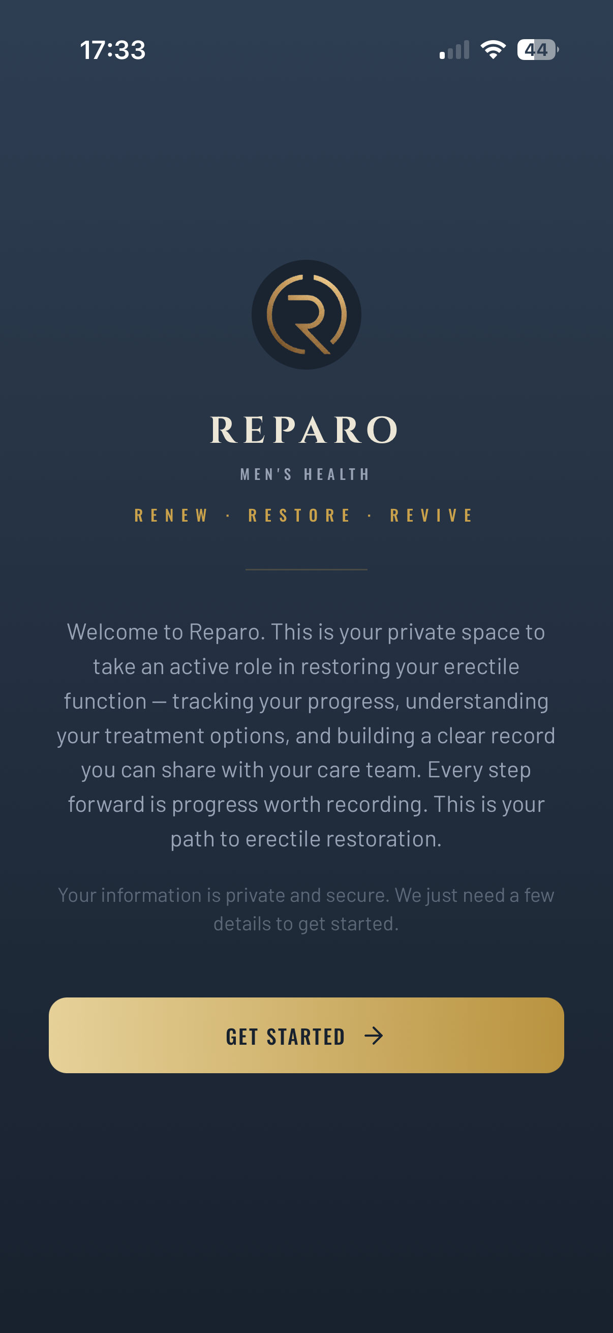 REPARO app welcome screen with the gold R monogram, the REPARO wordmark, and a Get Started button on a deep navy background