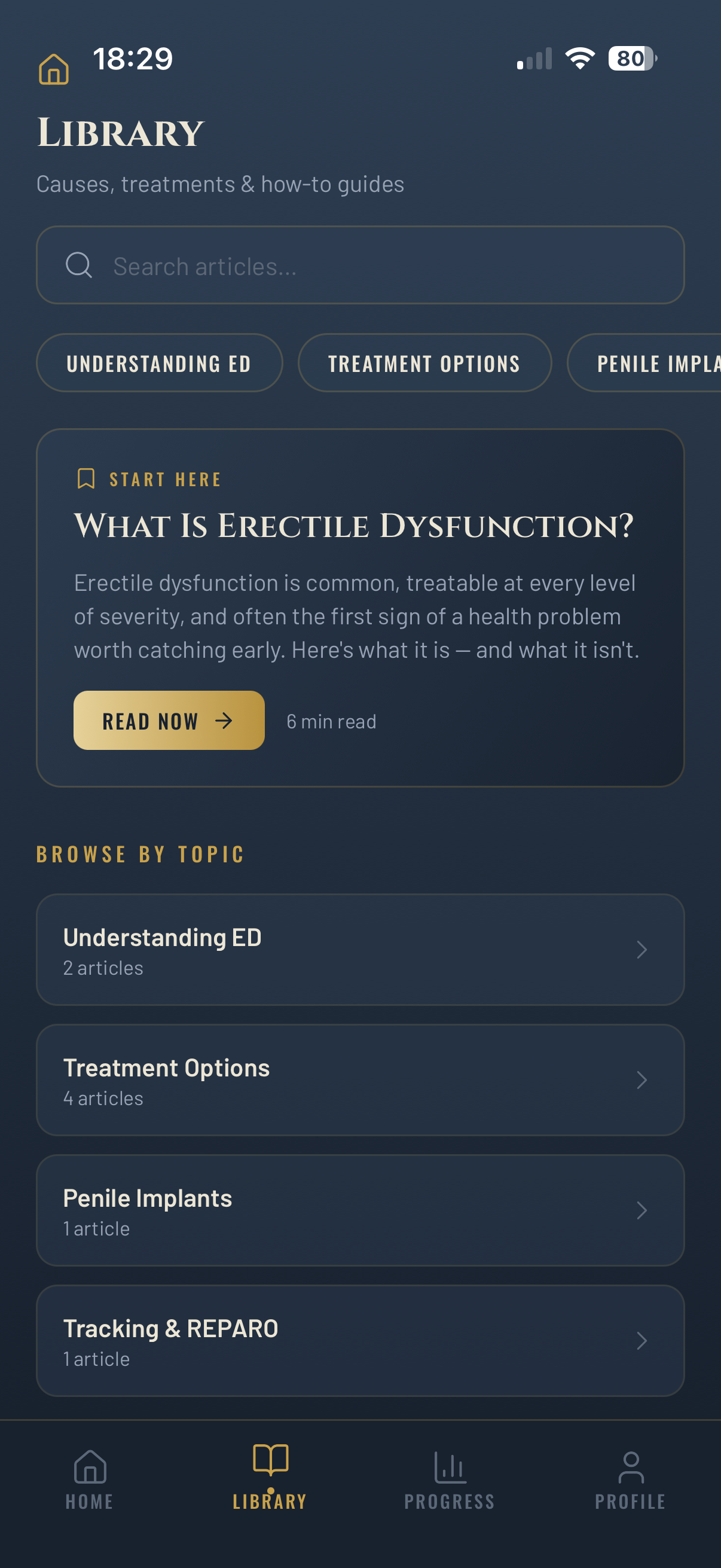 REPARO Library screen with search, topic filters for Understanding ED, Treatment Options and Penile Implants, and a featured Start Here article titled What Is Erectile Dysfunction