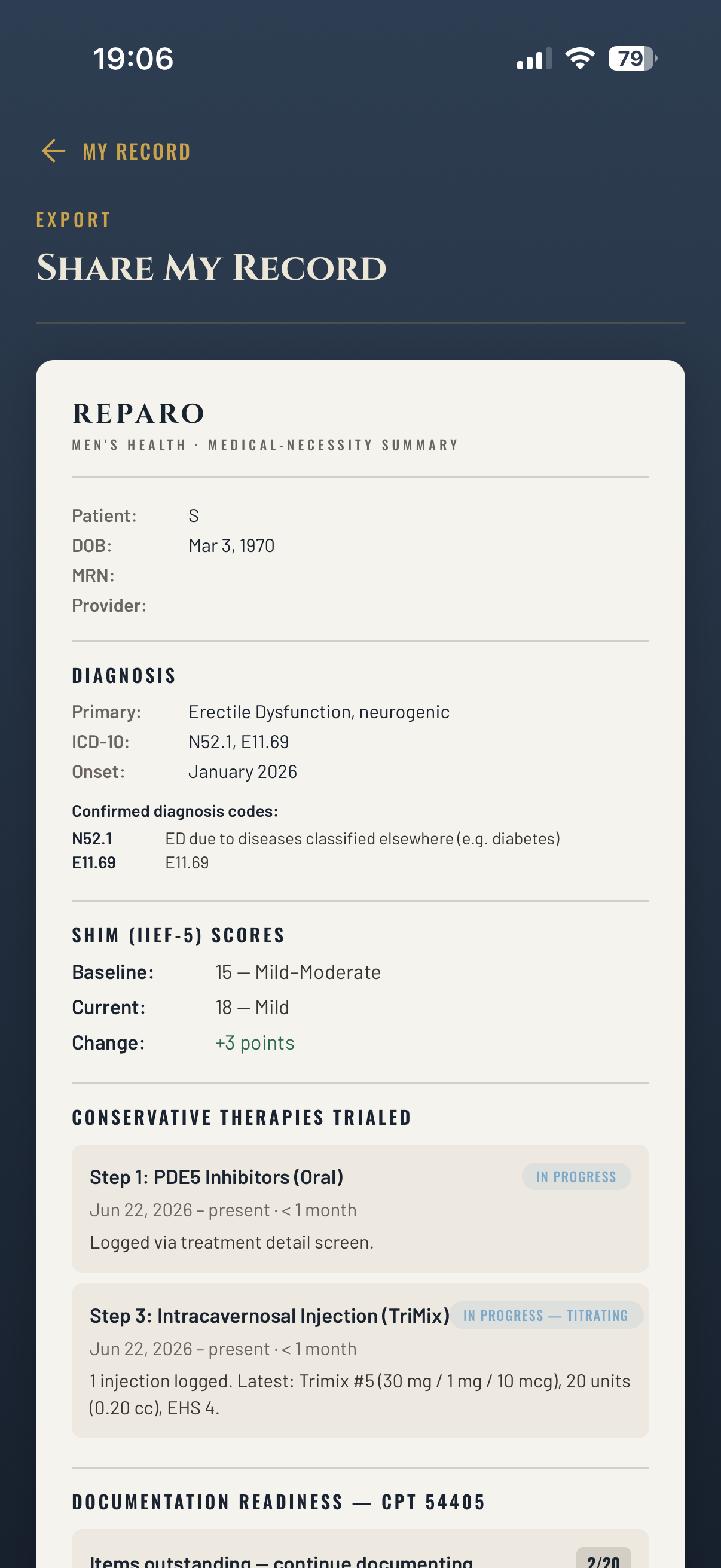 REPARO Share My Record screen previewing a printed medical-necessity summary with diagnosis codes, SHIM scores, and conservative therapies trialed