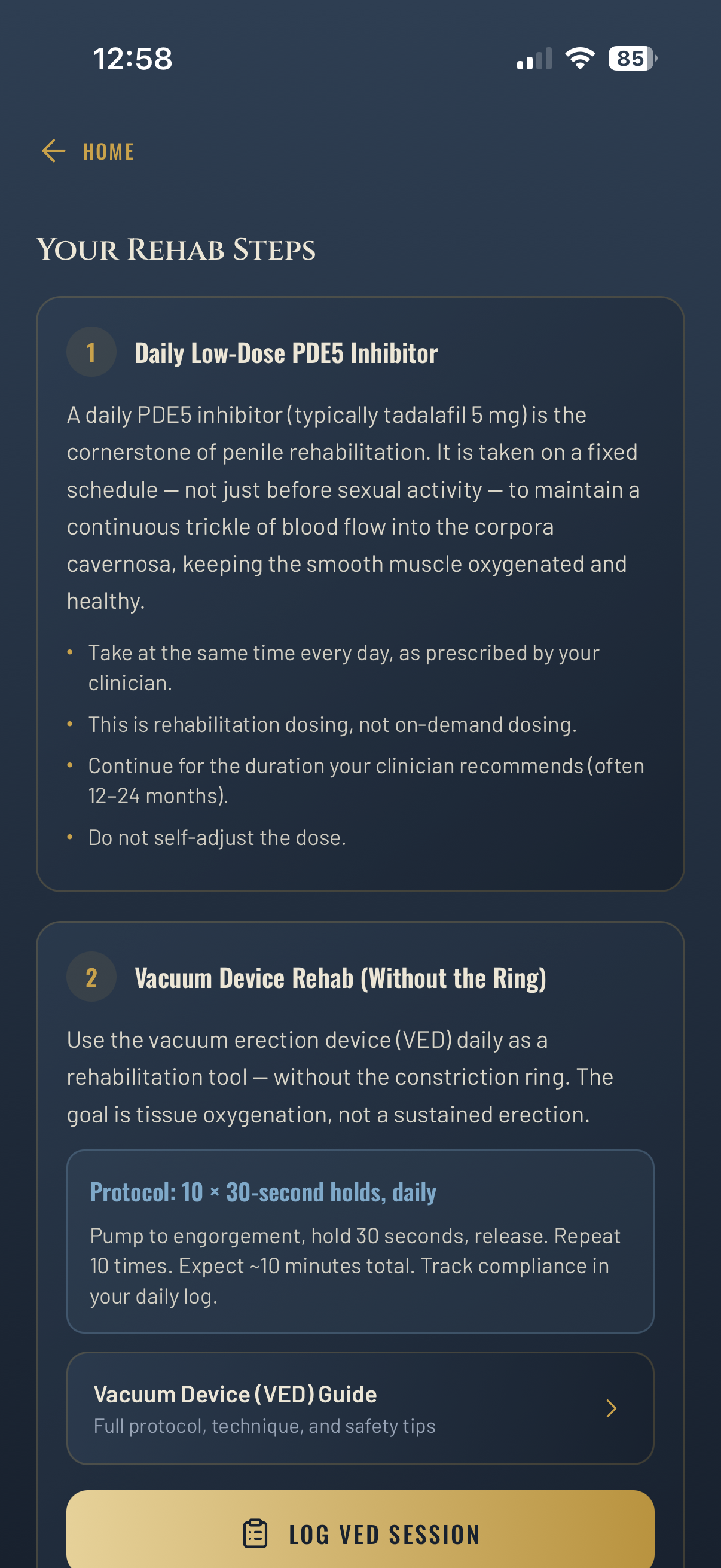 REPARO Your Rehab Steps screen with numbered steps explaining daily low-dose PDE5 inhibitor therapy and a vacuum-device rehabilitation protocol of ten thirty-second holds