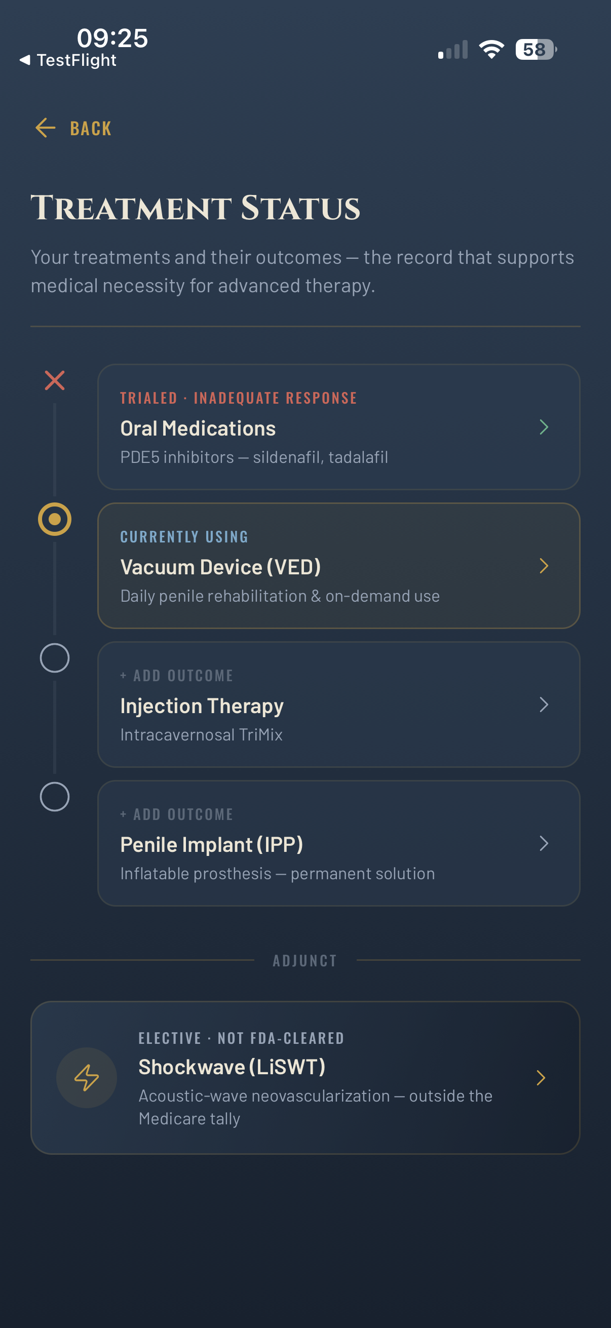 REPARO Treatment Status screen showing the treatment ladder: oral medications marked trialed with inadequate response, vacuum device currently in use, then injection therapy and penile implant